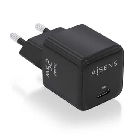 Cargador de Pared GaN Aisens ASCH-25W1P013-BK/ 1xUSB Tipo-C/ 25W
