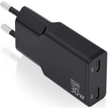 Cargador de Pared GaN Aisens ASCH-30W2P049-BK/ 2xUSB Tipo-C/ 30W/ Negro