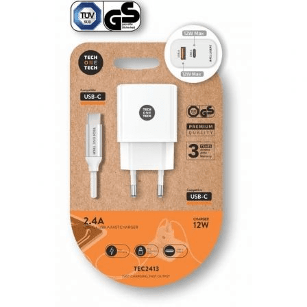 Cargador de Pared Tech One Tech TEC2413/ 1xUSB Tipo-C/ 1xUSB + Cable USB Tipo-C/ 12W/ Blanco