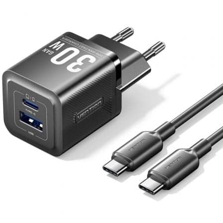 Cargador de Pared GaN Vention TZ-FEQB0-EU-01/ 1xUSB Tipo-C/ 1xUSB + Cable USB Tipo-C/ 30W