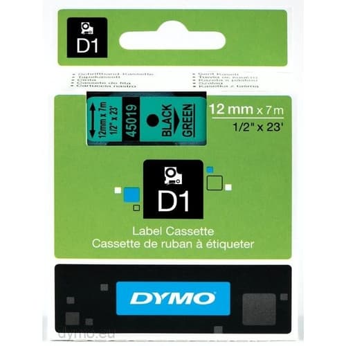 LABEL CASSETTE DYMO D1 STANDARD 12 MM X 7M BLACK/GREEN (NEGRO/VERDE)
