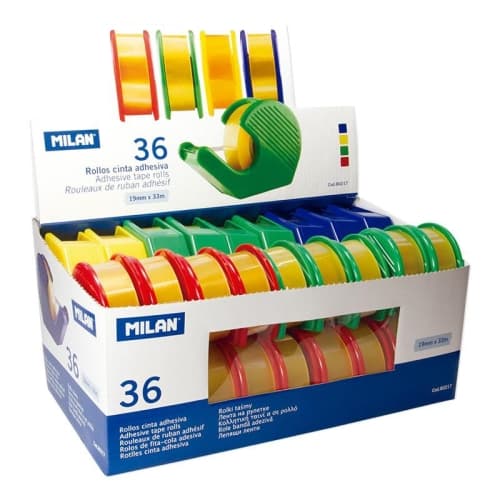 MILAN CINTA ADHESIVA TRANSPARENTE ROLLO 19MMX33M CON DISPENSADOR COLORES EXPOSITOR -36U-