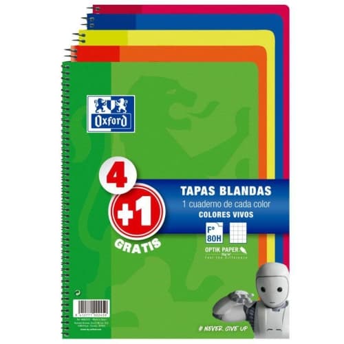 OXFORD CUADERNO ESPIRAL 80 HOJAS 4X4 CON MARGEN TAPAS BLANDAS FOLIO COLORES VIVOS -PACK 4+1-
