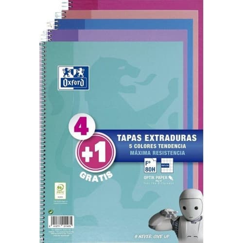OXFORD CUADERNO ESPIRAL WRITE&ERASE 80 HOJAS 4X4 CON MARGEN TAPAS EXTRADURAS FOLIO COLORES TENDENCIA -PACK 4+1-