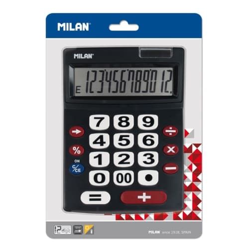 MILAN CALCULADORA NEGRO EXTRA-GRANDE 12 DIGITOS DUAL BLISTER