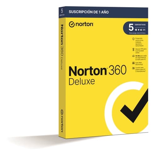 Norton 360 Deluxe - Antivirus - 50GB almacenamiento - 1 usuario - 5 dispositivos - 12 meses - Control parental - Horario escolar - Dark Web Monitoring - Caja