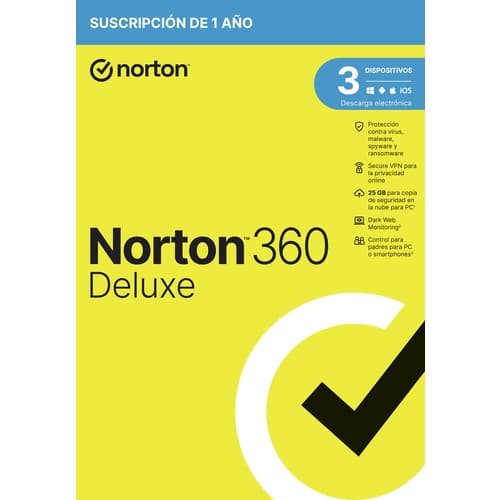 Norton 360 Deluxe - Antivirus - 25GB almacenamiento - 1 usuario - 3 dispositivos - 12 meses - Control parental - Horario escolar - Dark Web Monitoring - Caja