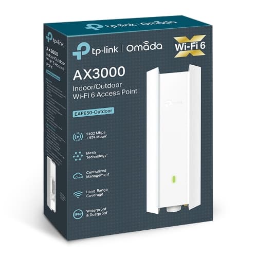 TP-LINK Punto de acceso Wi-Fi 6 de doble banda para interiores/exteriores AX3000  PUERTO: 1× puerto Gigabit RJ45 VELOCIDAD: 574Mbps a 2.4 GHz + 2402 M