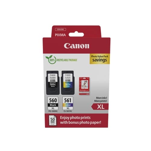 CANON CARTUCHO PG560XL/CL561XL PACK NEGRO/COLOR + 50HOJAS 10x15cm
