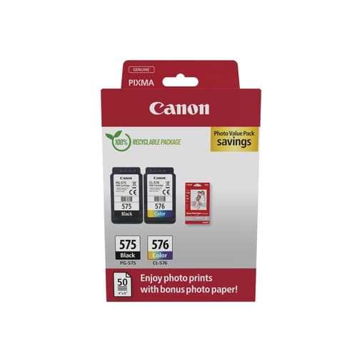 Canon PG575/CL576 Pack de 2 Cartuchos de Tinta Originales + 50 Hojas de Papel Fotografico - 5438C004