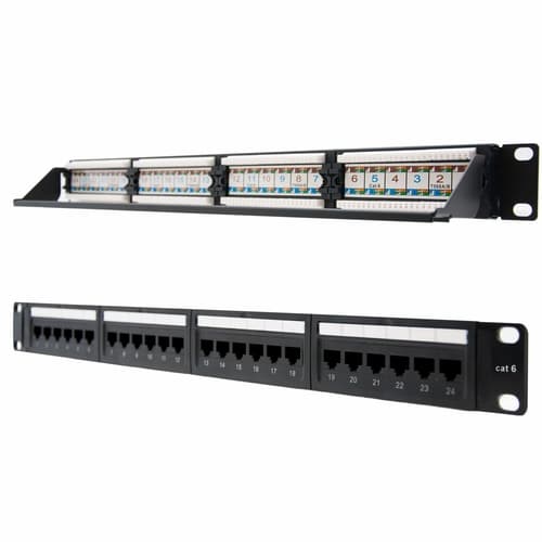 Nanocable - Panel de parcheo (Patch pannel) de 24 puertos RJ45 CAT.6 UTP, 19" 1U DUAL IDC - color NEGRO - Hembras incluidas