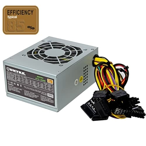 Fuente Alimentación Unykach SFX (formato cuadrado) - 300W - 85% Eficiencia - Ventilador 8cm - 24 pins - 2x S-ATA - 1x FDD - 2x Molex - PFC Activo - Protección picos de tensión y cortocircuitos