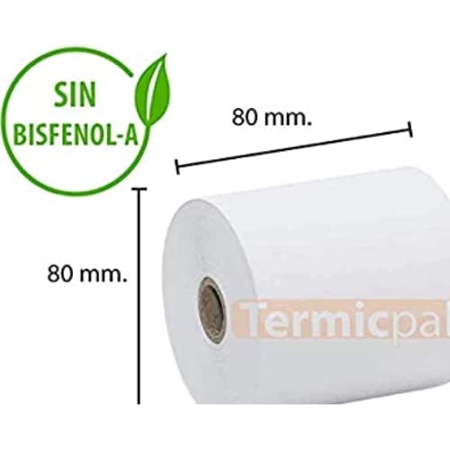 PAPEL TERMICO 80X80X12 MM 56GR. - PAQUETE 8 ROLLOS - SIN BISFENOL-A - (Caja completa 6 paquetes)