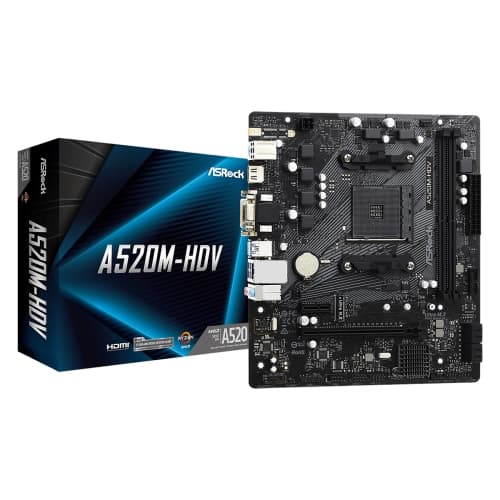 Placa base AM4 microATX ASRock A520M-HDV - 2xDDR4 (hasta 64 GB 4600Mhz OC) - 4xSATA - 1xM.2 PCIe Gen3 - USB 2.0 (2/4) - USB 3.2 (4/2) - HDMI - VGA - DVI-D