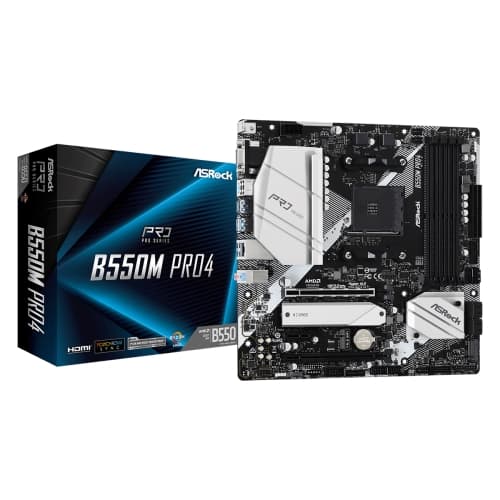 Placa base AM4 microATX Asrock B550M Pro4 - 4xDDR4 (hasta 128GB 4533 Mhz OC) - 6 x SATA RAID - 2 x M.2 - USB 2.0 (2/4) - USB 3.1 (5/4) - 1 x USB-C 3.1 - HDMI - VGA - DP