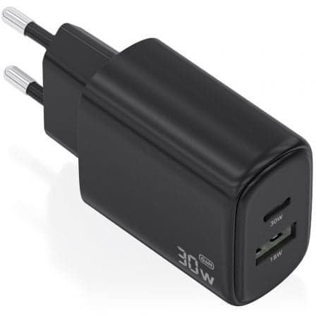 Cargador de Pared GaN Aisens A110-0978/ 1xUSB Tipo-C/ 1xUSB/ 30W/ Negro