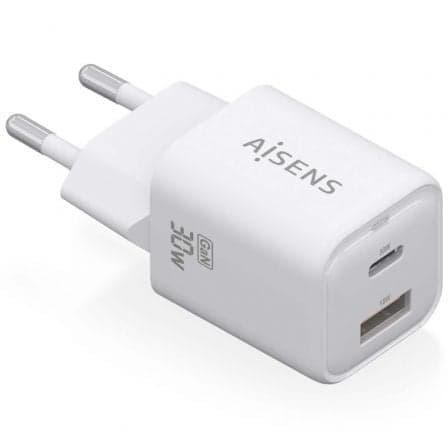 Cargador de Pared GaN Aisens ASCH-30W2P020-W/ 1xUSB Tipo-C/ 1xUSB/ 30W