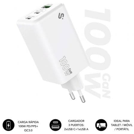 Cargador de Pared GaN Subblim 100W Charger USB C+C+A/ 2xUSB Tipo-C/ 1xUSB/ 100W
