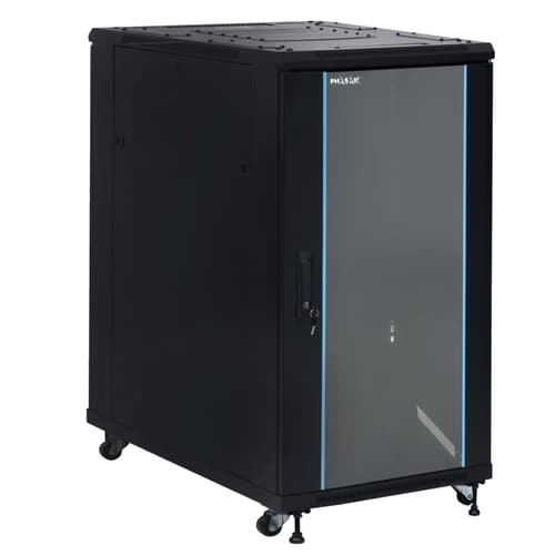Armario rack suelo 19" PHASAK-PRO 27U 600x1000 negro, 2 bandejas fijas+Ventilación X4-12" + Regleta X6