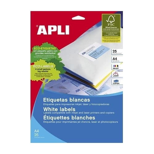 APLI Etiquetas para impresoras Inkjet, Láser y Fotocopiadoras 70 X 25,4 Cantos rectos Blanca DIN A4