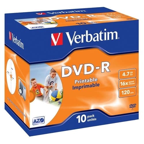 VERBATIM DVD-R 4.7GB 16X JEWEL CASE 10 ADVANCED AZO IMPRIMIBLE INKJET