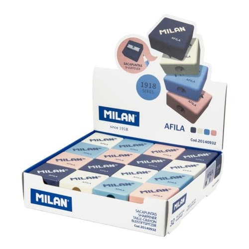 MILAN CAJA EXPOSITORA 32 SACAPUNTAS AFILA SERIE 1918. VARIOS COLORES