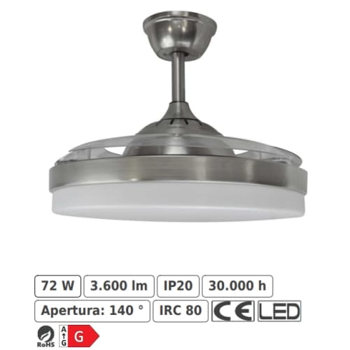 Ventilador Tahití - Techo - 1060 mm - Mando a distancia - 6 velocidades - Motor DC - Luz LED integrada - Acabado en niquel