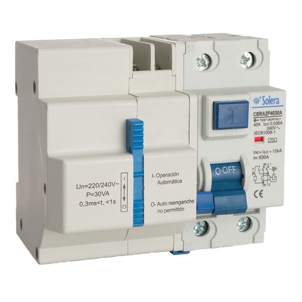INTERRUPTOR DIFERENCIAL 2P 40A 30mA AC C/RECONEXION AUTOMATICA CON 3 TIEMPOS (RETRACTILADO) SOLERA CBRA2P4030A