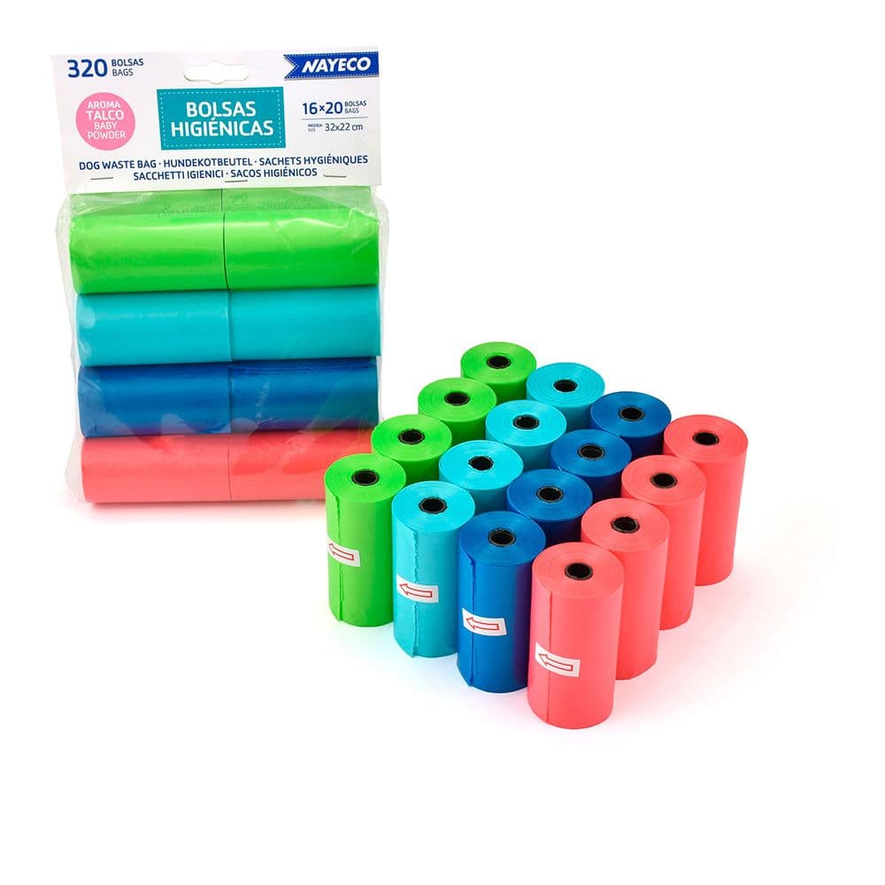 ROLLO DE 20 BOLSAS HIGIÉNICAS CON AROMA DE TALCO COLORES SURTIDOS 32 x 22 cm, 16 uds