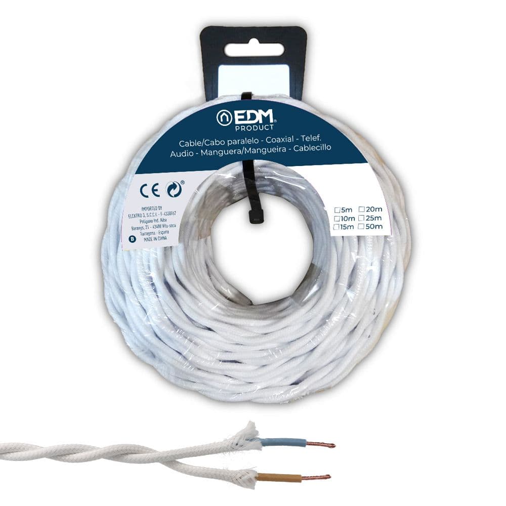 CARRETE CABLE PARALELO TEXTIL TRENZADO H05V-K 2 x 1,00 mm² BLANCO, 5 m