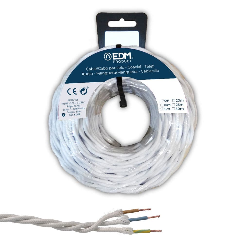 CARRETE CABLE PARALELO TEXTIL TRENZADO H05VV-F 3 G 1,50 mm² BLANCO, 25 m