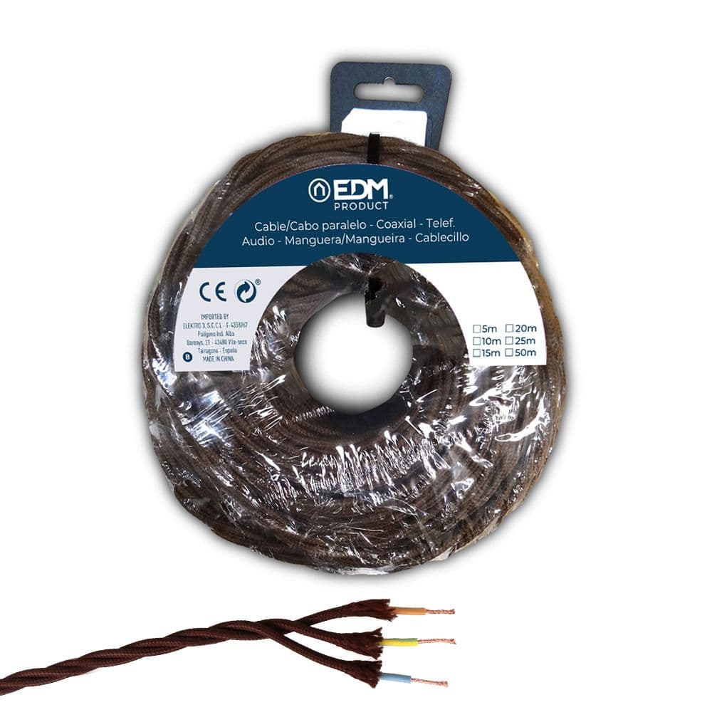 CARRETE CABLE PARALELO TEXTIL TRENZADO H05VV-F 3 G 1,50 mm² MARRÓN, 25 m