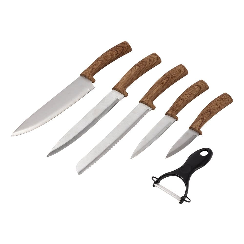 JUEGO DE CUCHILLOS 5 PIEZAS ACERO INOX Y PELADOR