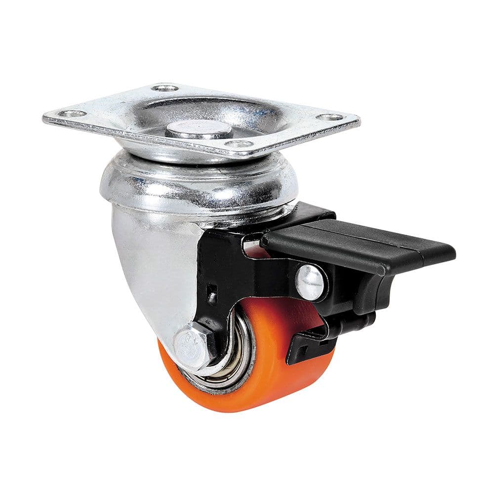RUEDA GIRATORIA CON PLACA Y FRENO, RODAMIENTO DE BOLAS, COLOR NARANJA, CARGA MÁX. 100 kg, Ø 3,5 cm