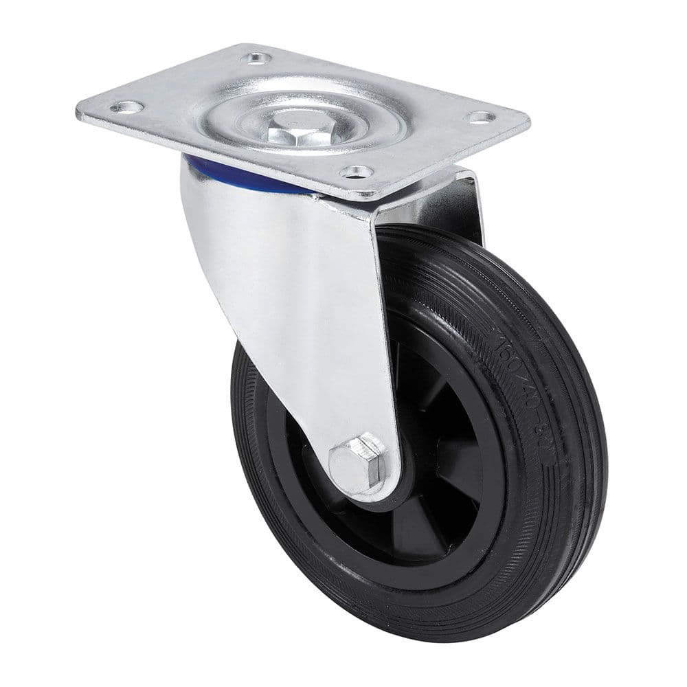 RUEDA GIRATORIA DE GOMA NATURAL CON PLACA Y EJE LISO, COLOR NEGRO, CARGA MÁX. 80 kg, Ø 10 cm