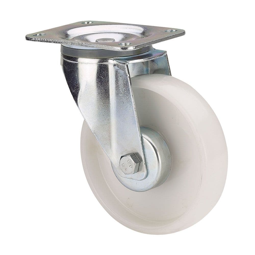 RUEDA GIRATORIA DE POLIAMIX CON PLACA Y EJE LISO, COLOR BLANCO, CARGA MÁX. 150 kg, Ø 10 cm