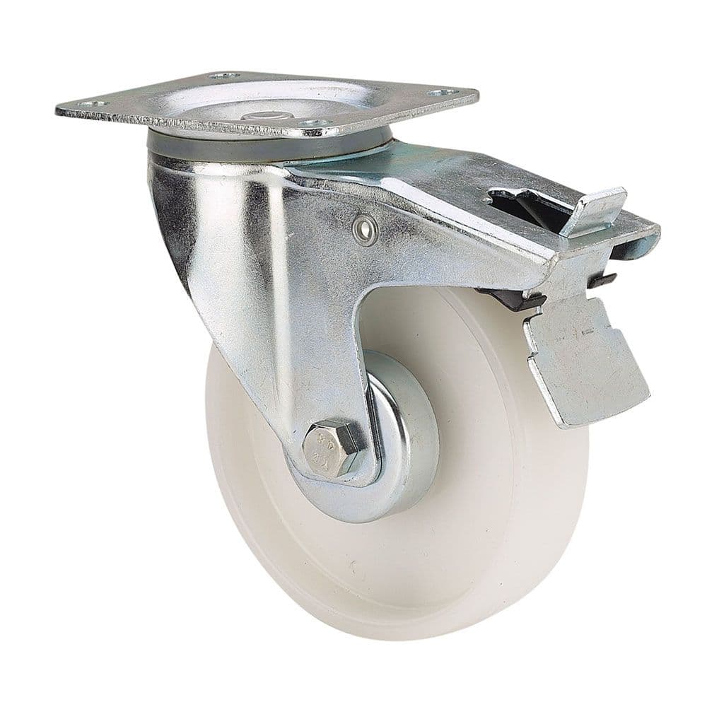 RUEDA GIRATORIA DE POLIAMIX CON PLACA, EJE LISO Y FRENO, COLOR BLANCO, CARGA MÁX. 130 kg, Ø 8 cm