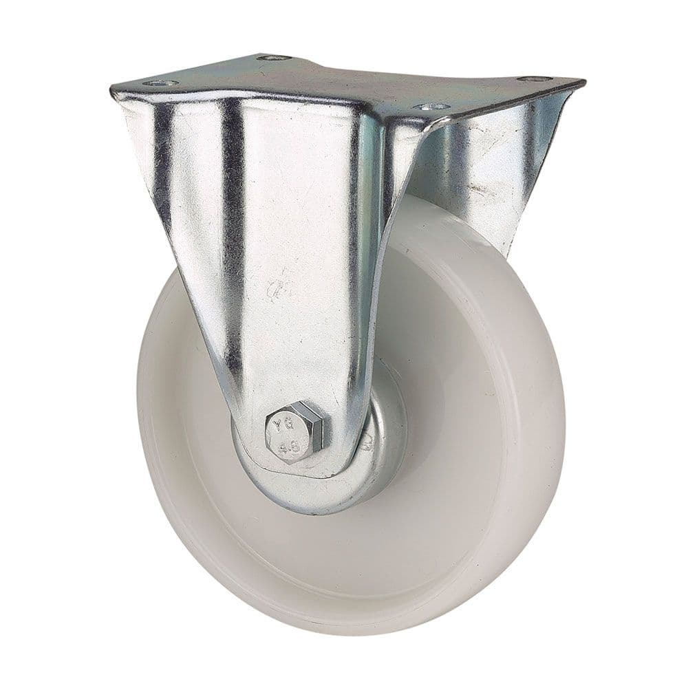 RUEDA FIJA DE POLIAMIX CON PLACA Y EJE LISO, COLOR BLANCO, CARGA MÁX. 130 kg, Ø 8 cm