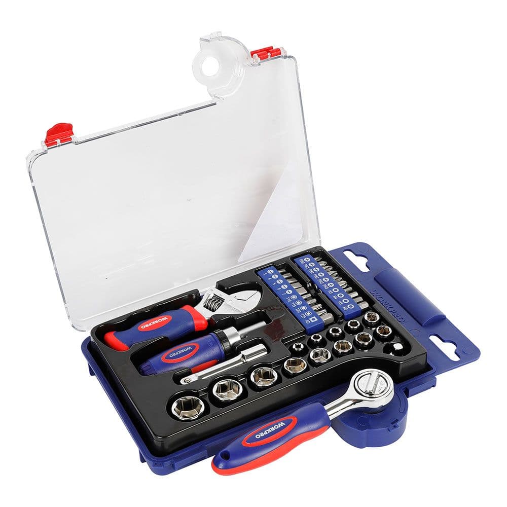 VASOS CON CARRACA, MANGO Y LLAVE AJUSTABLE, MÉTRICA, 38 PIEZAS