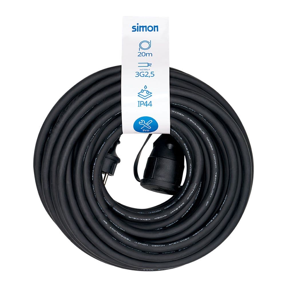 PROLONGADOR PROFESIONAL 20 m, IP44, H07RN-F 3 G 2,5 mm², 1 TOMA CON TAPA, 16 A 250 V~, NEGRO