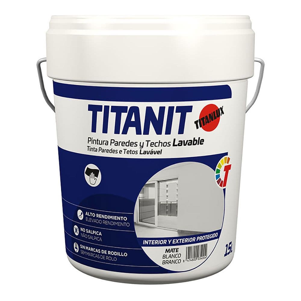 PINTURA PLÁSTICA ACRÍLICA ESTIRENADA INTERIOR/EXTERIOR LAVABLE TITANIT BLANCO MATE 15 L