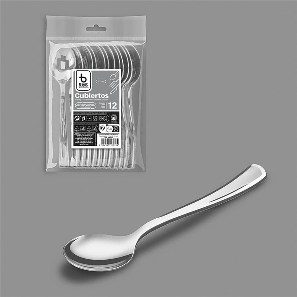 CUCHARA REUTILIZABLE POSTRE/CAFÉ COLOR PLATA 13 cm, 12 uds