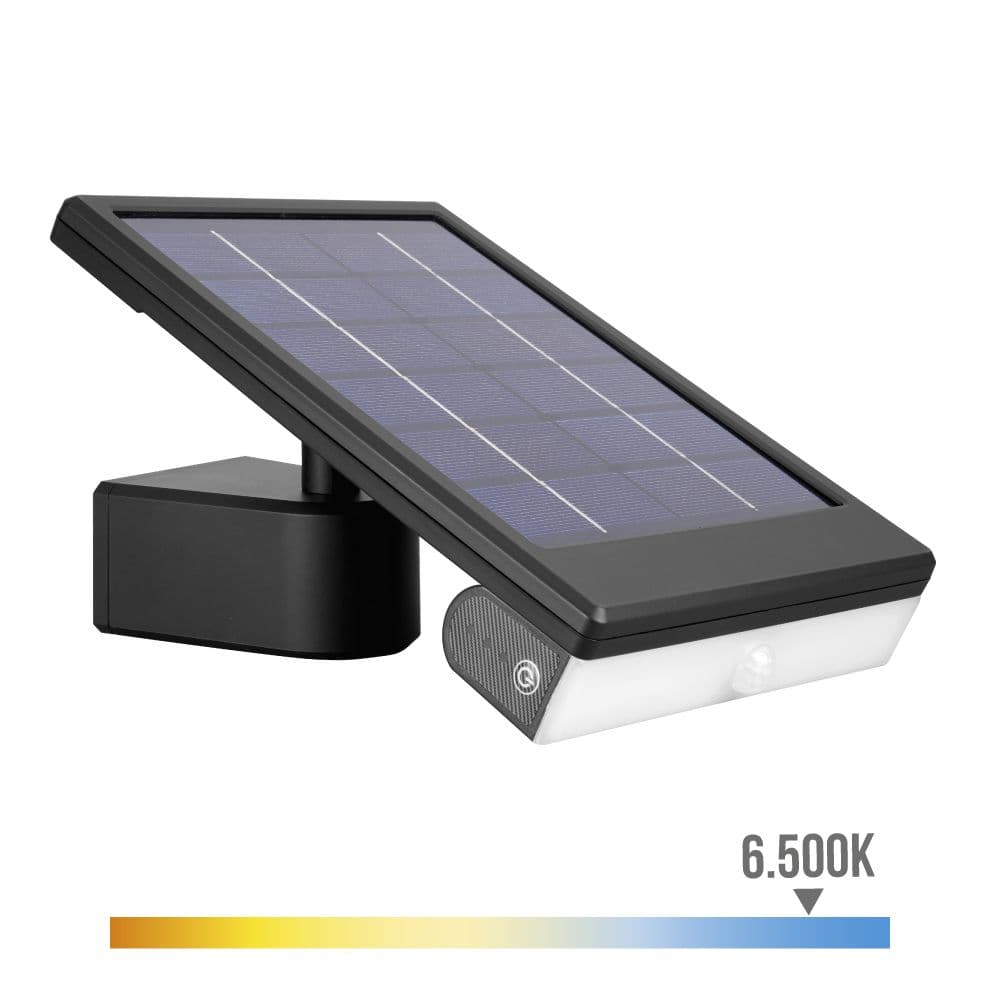 APLIQUE SOLAR LED 6W 720lm 6.500K CON SENSOR CREPUSCULAR Y MOVIMIENTO. PUNTO DE LUZ EXTRAÍBLE. COLOR NEGRO EDM