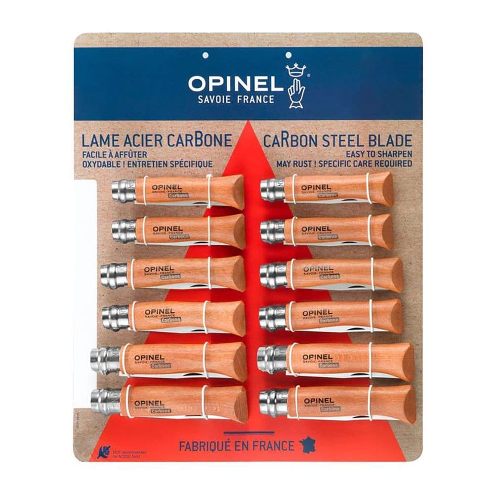 EXPOSITOR NAVAJAS OPINEL ACERO AL CARBONO, 12 uds (Nº6, Nº7, Nº8 - 4 uds DE CADA NUMERO)