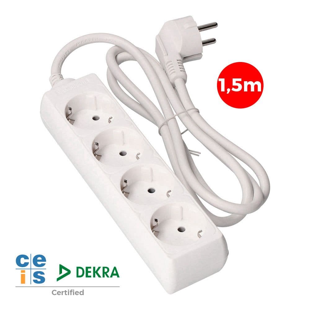 BASE MÚLTIPLE, 4 TOMAS SCHUKO 2P+T, 1,5m DE CABLE H05VV-F 3G1,5 mm² 16A 250V~ 3680 W, BLANCA