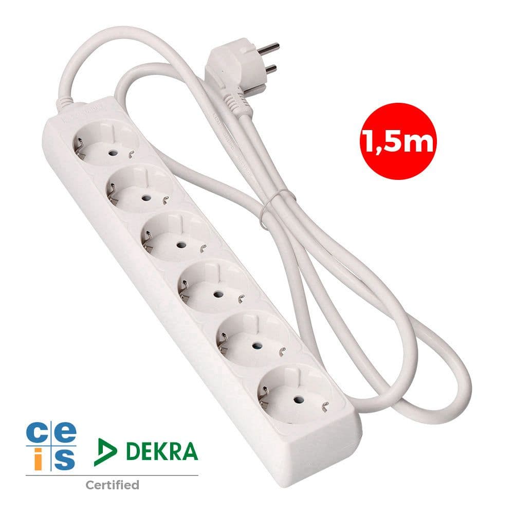 BASE MÚLTIPLE, 6 TOMAS SCHUKO 2P+T, 1,5m DE CABLE H05VV-F 3G1,5 mm² 16A 250V~ 3680 W, BLANCA