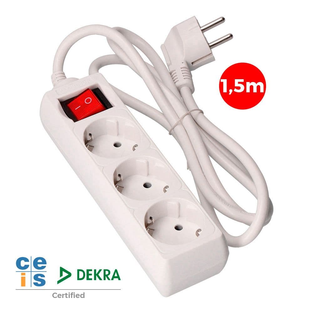 BASE MÚLTIPLE 3 TOMAS 2P+T CON INTERRUPTOR LUMINOSO, 16A 250 V~ 1,5 m DE CABLE H05VV-F 3 G 1,5 mm² BLANCA