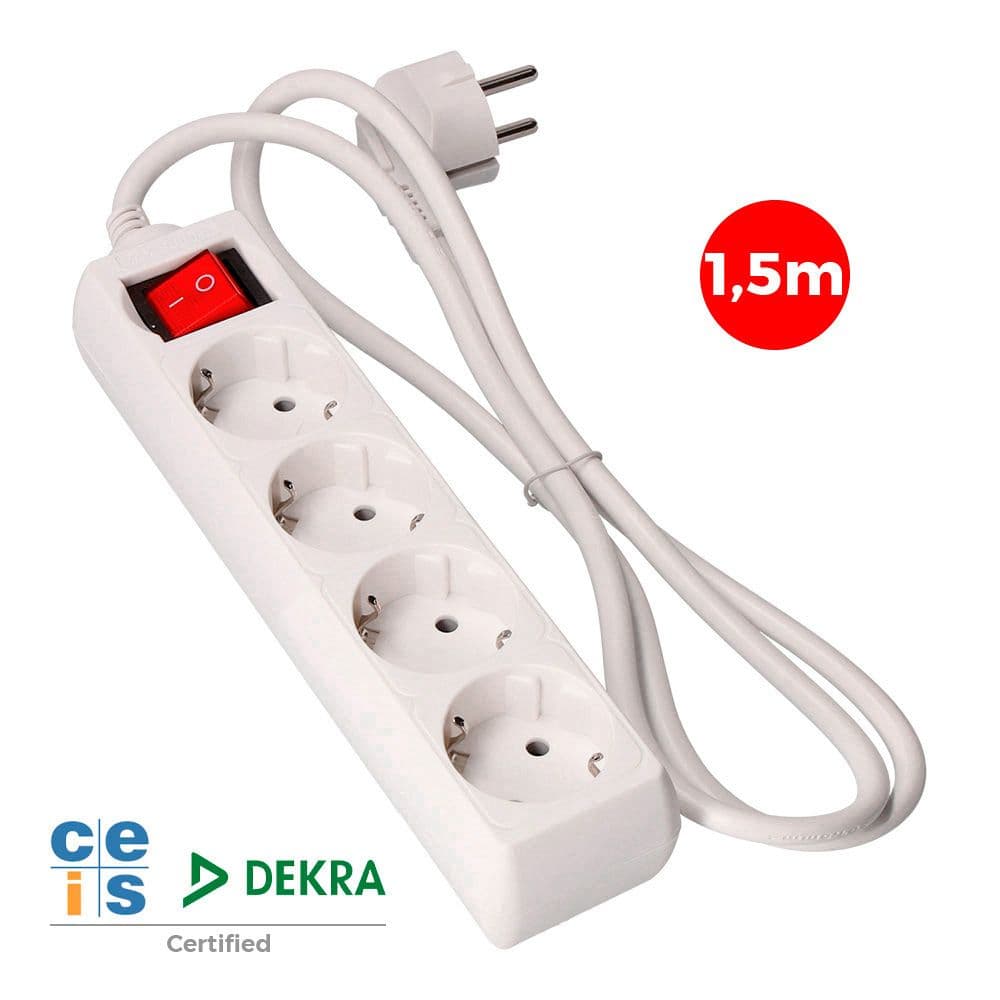 BASE MÚLTIPLE 4 TOMAS 2P+T CON INTERRUPTOR LUMINOSO, 16A 250 V~ 1,5 m DE CABLE H05VV-F 3 G 1,5 mm² BLANCA