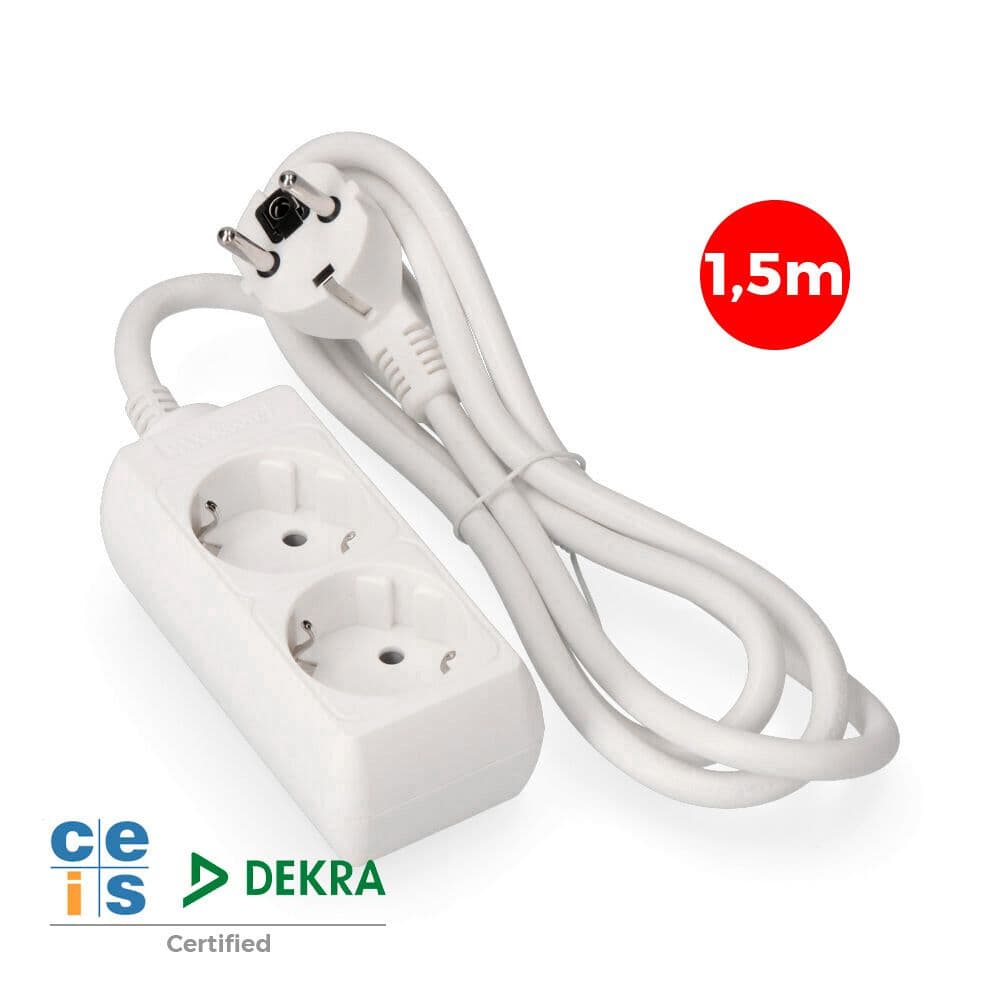 BASE MÚLTIPLE, 2 TOMAS SCHUKO 2P+T, 1,5m DE CABLE H05VV-F 3G1,5 mm² 16A 250V~ 3680 W, BLANCA