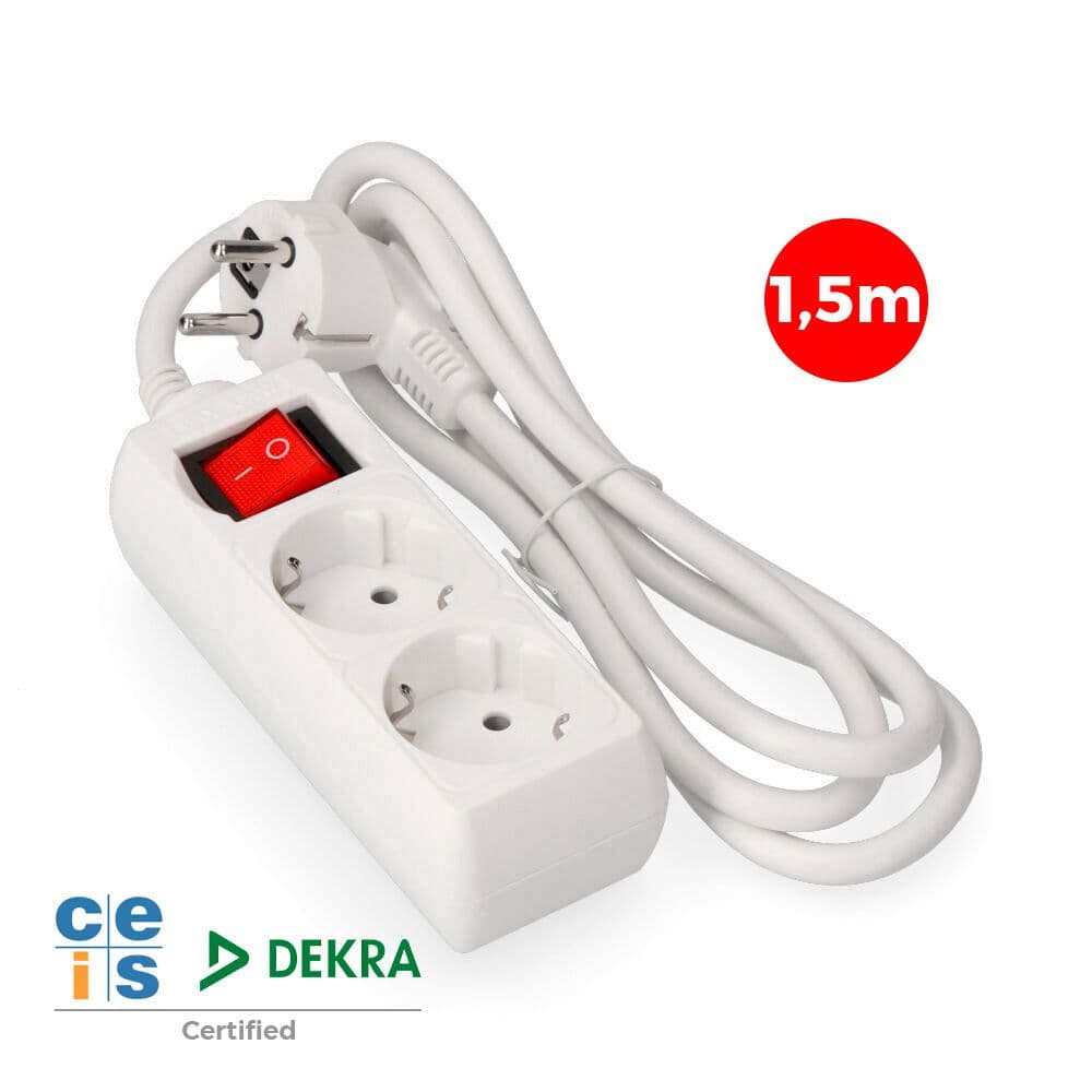 BASE MÚLTIPLE 2 TOMAS 2P+T CON INTERRUPTOR LUMINOSO, 16A 250 V~ 1,5 m DE CABLE H05VV-F 3 G 1,5 mm² BLANCA